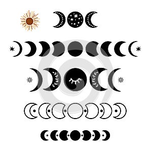 Black moon phase logo set. Boho moon symbol. Black moon cycle. Full moon, half moon isolated. Celestial icon graphic element