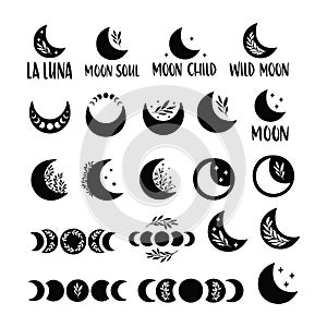 Black moon vector illustration set.