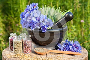 Black mortar with blue cornflowers, sage, wooden spoon and glass