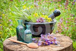 Black mortar with healing herbs and sage, glass bottle of oil