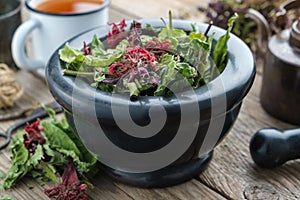 Black mortar of medicinal herbs, cup of healthy herbal tea and vintage tea kettle on background