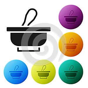Black Mortar and pestle icon isolated on white background. Set icons in color circle buttons. Vector