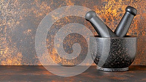 Black mortar pestles rustic background kitchen cooking