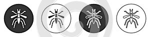 Black Mosquito icon isolated on white background. Circle button. Vector