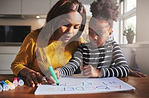 Black mother and child doing homework photo