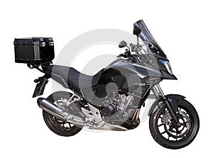 Black motocycle with box on the white background