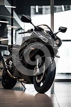 Black motorbike in showroom, created using generative ai technology