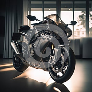 Black motorbike in showroom, created using generative ai technology