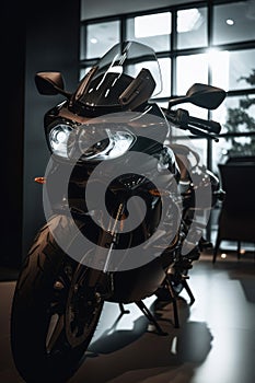 Black motorbike in showroom, created using generative ai technology