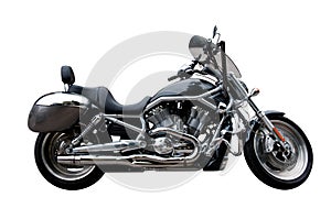 Black motorcycle against white background