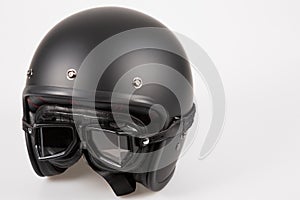 Black Motorcycle Open face old school Helmet with vintage retro Goggles