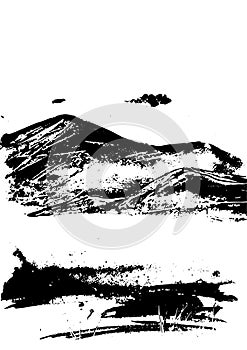 Black mountain range with texture on white. Landscape sketch.