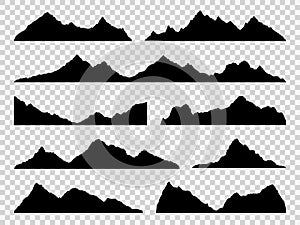 Black mountains silhouettes. Ranges skyline, high mountain hike landscape, alpine peaks. Extreme hiking vector nature