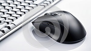 Black mouse near keyboard, computer accessory, on white isolated background