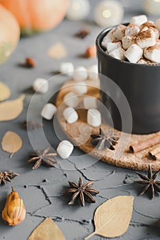 Black mug with hot chocolate with melted marshmallow served on a cork coaster with star anise, cinnamon sticks and yellow leaves