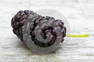 Black mulberry Morus nigra, one berry on the wood table