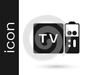 Black Multimedia and TV box receiver and player with remote controller icon isolated on white background. Vector