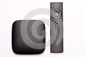 Black multimedia TV box and remote controller