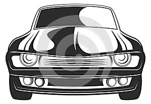 Black muscle car front view. Retro auto icon