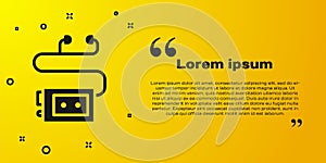 Black Museum audio guide icon isolated on yellow background. Headphones for excursions. Vector