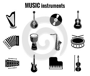 Black Music Instrument Icons on White Background