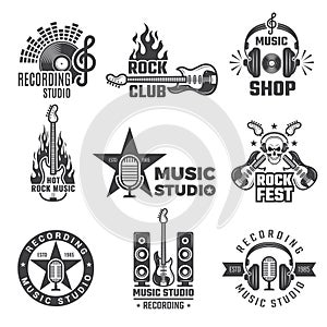 Black music labels. Vintage vinyl cover record microphone and headphones vector symbols for music logotypes or badges