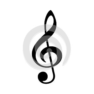 Black music note symbol. Treble clef isolated on white background.