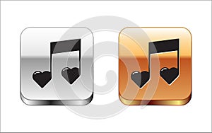 Black Music note, tone with hearts icon isolated on white background. Valentines day. Silver-gold square button. Vector