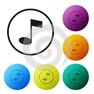 Black Music note, tone icon isolated on white background. Set icons in color circle buttons. Vector