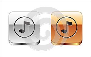 Black Music note, tone icon isolated on white background. Silver-gold square button. Vector