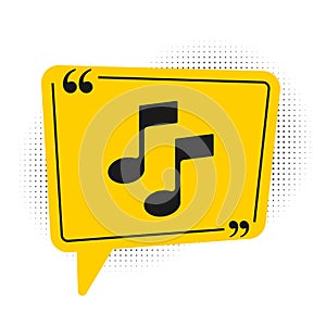Black Music note, tone icon isolated on white background. Yellow speech bubble symbol. Vector Illustration