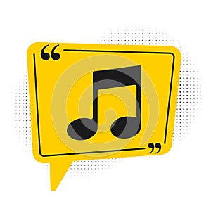 Black Music note, tone icon isolated on white background. Yellow speech bubble symbol. Vector Illustration