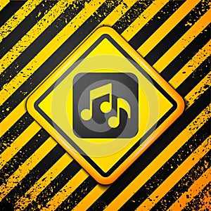 Black Music note, tone icon isolated on yellow background. Warning sign. Vector