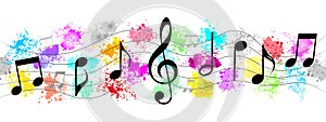 Black Music Notes in Colorful Spatters and Splashes Banner Background