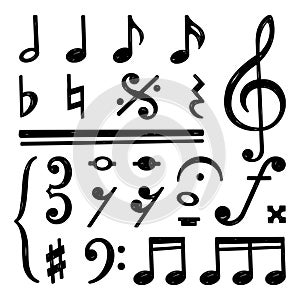 Black music notes. Doodle note, musical key or clef. Tune or song elements, sketch symphony. Isolated art drawing for