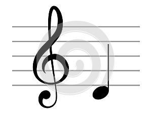Black music symbol of G clef with note D or RE on ledger lines