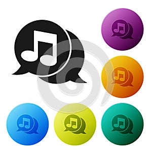 Black Musical note in speech bubble icon isolated on white background. Music and sound concept. Set icons in color