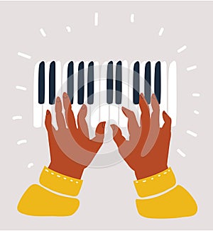 Black musician`s hands playing on piano keys