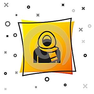Black Muslim woman in hijab icon isolated on white background. Yellow square button. Vector