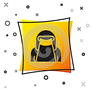 Black Muslim woman in niqab icon isolated on white background. Yellow square button. Vector