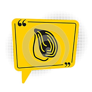 Black Mussel icon isolated on white background. Fresh delicious seafood. Yellow speech bubble symbol. Vector