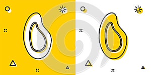 Black Mussel icon isolated on yellow and white background. Fresh delicious seafood. Random dynamic shapes. Vector.