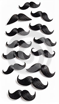 Black mustaches arranged in a pattern on white background, studio shot.