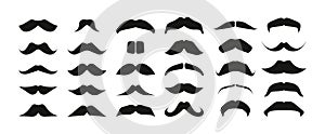 Black mustaches collection. Doodle male whisker icons, variations of mens facial hair styles different forms, simple