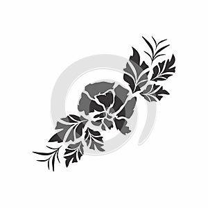Black n white Rose flower with leaves vector floral motif design. Simple flower design sketch vector illustration.