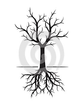 Black naked Tree with Roots. Vector Illustration.