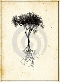 Black naturalistic bare tree with root system