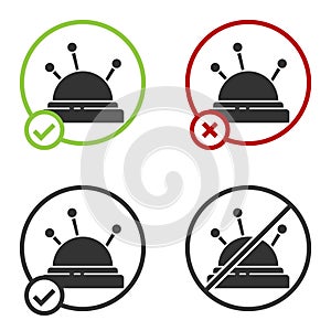 Black Needle bed and needles icon isolated on white background. Handmade and sewing theme. Circle button. Vector