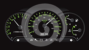 Black and neon green car dashboard with gauge