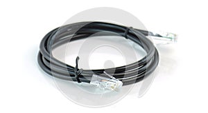 Black network ethernet connection cable with RJ-45 connector